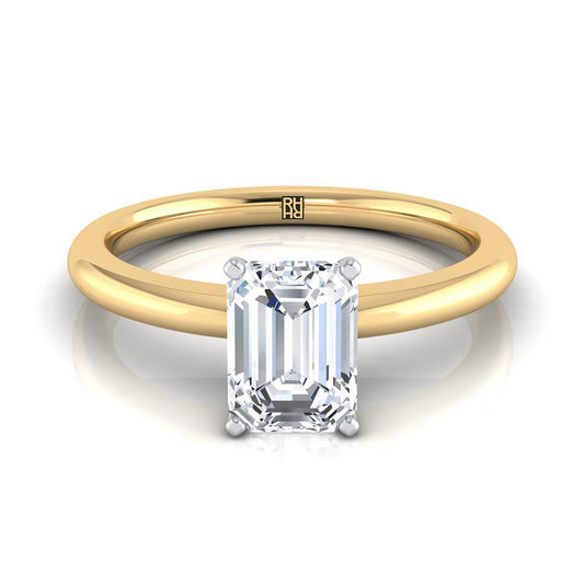 18K Yellow Gold Emerald Cut  Round Comfort Fit Claw Prong Solitaire Engagement Ring