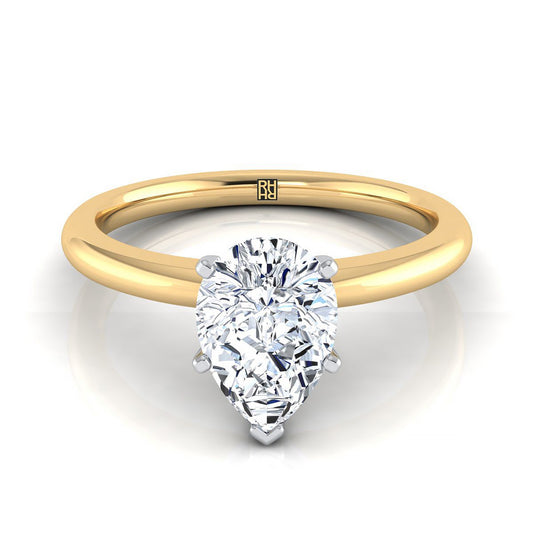 18K Yellow Gold Pear Shape Center  Round Comfort Fit Claw Prong Solitaire Engagement Ring