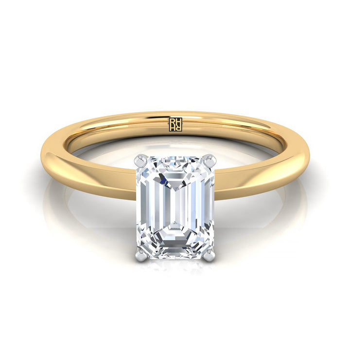 European Cut, Petite Knife Edge Solitaire Emerald, in 18K Yellow Gold, prong setting | RockHer