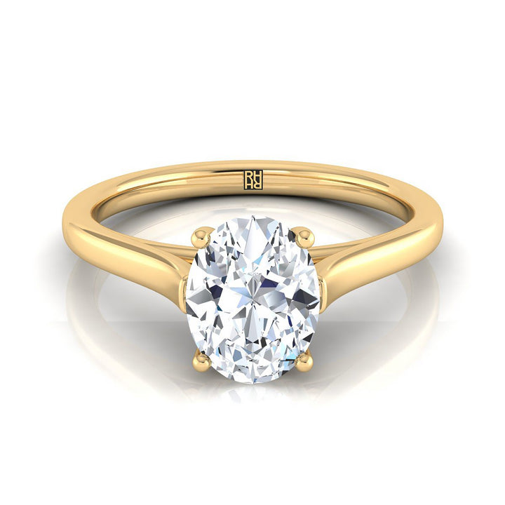 Elegant Cathedral Squared Edge Solitaire Oval, in 18K Yellow Gold, prong setting | RockHer