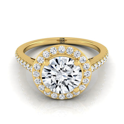 Round Brilliant, Secret Gallery French Pavé Halo, in 18K Yellow Gold – view 8 | RockHer