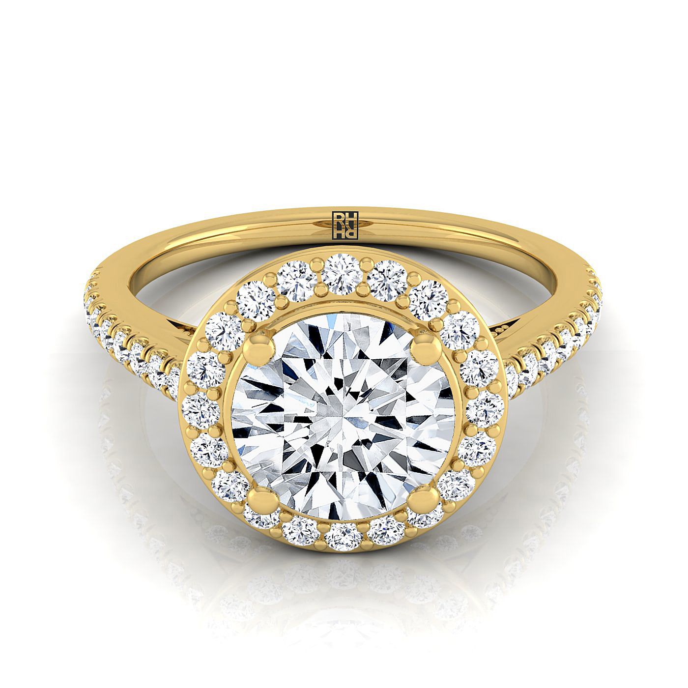 Lucia Select secret gallery french pavé halo round ring in 14K Yellow Gold — view — RockHer