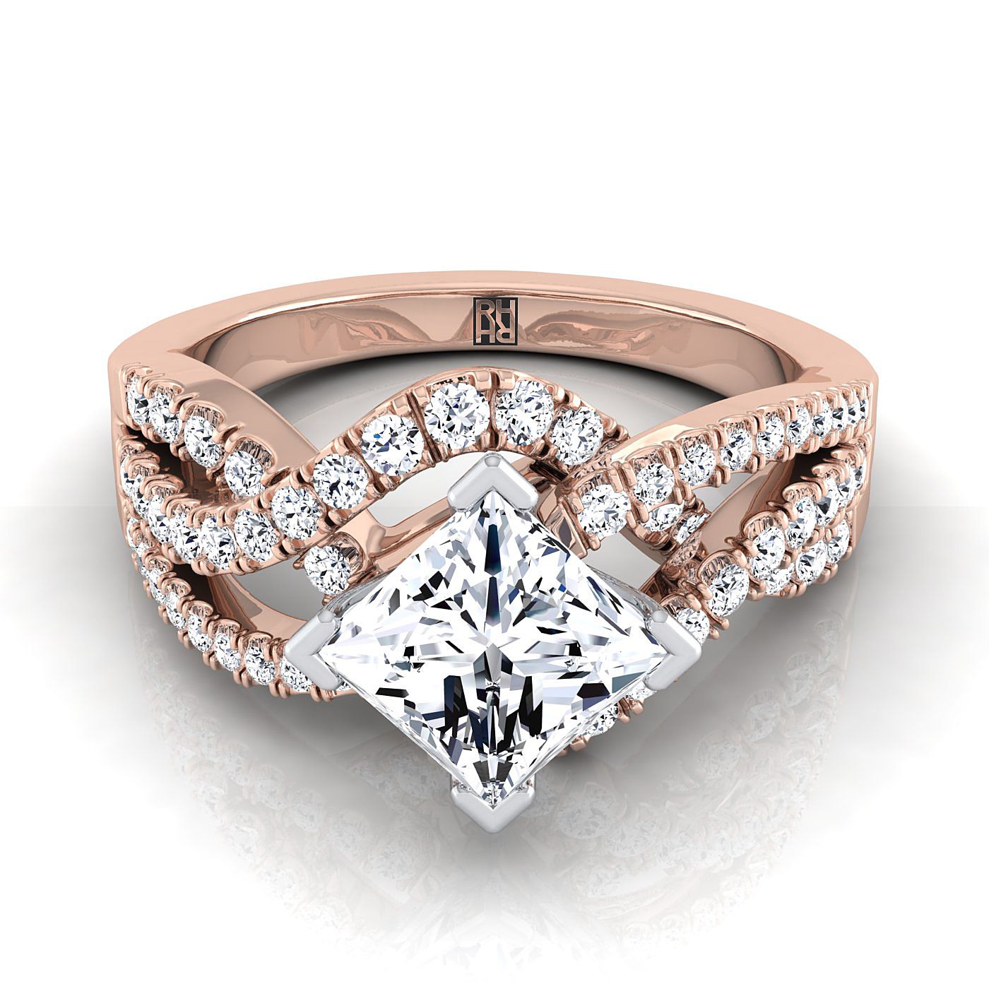 Marguerite Select Bypass Twist Pavé Swirl Princess Cut Lab Diamond Engagement Ring in 14K Rose Gold | RockHer
