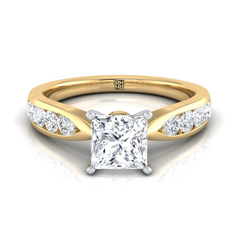 The Micaela Pinched Channel Side Stone Princess Cut Engagement Ring Setting in 18K Yellow Gold