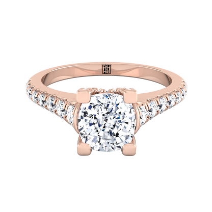 Cushion Diamond Pave Prong Linear Engagement Ring -1/2ctw, in 14K Rose Gold – detail view | RockHer