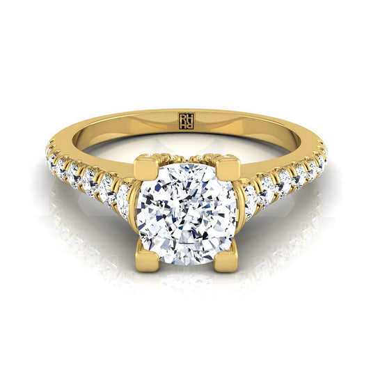 14K Yellow Gold Cushion Diamond Pave Prong Linear Engagement Ring -1/2ctw