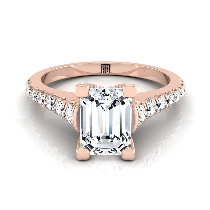 European Cut, Emerald Diamond Pave Prong Linear Engagement Ring -1/2ctw, in 14K Rose Gold | RockHer