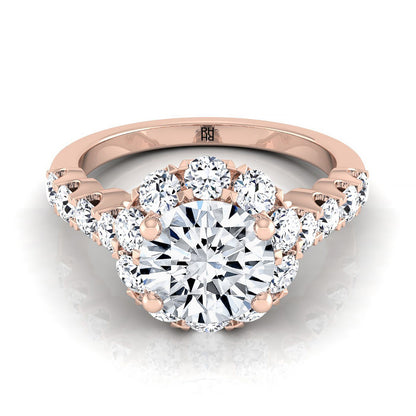 Musetta Select shared prong halo linear band round ring in 14K Rose Gold — view — RockHer
