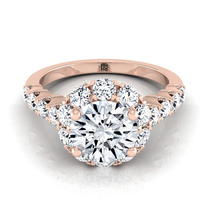 Musetta Select shared prong halo linear band round ring in 14K Rose Gold — view — RockHer