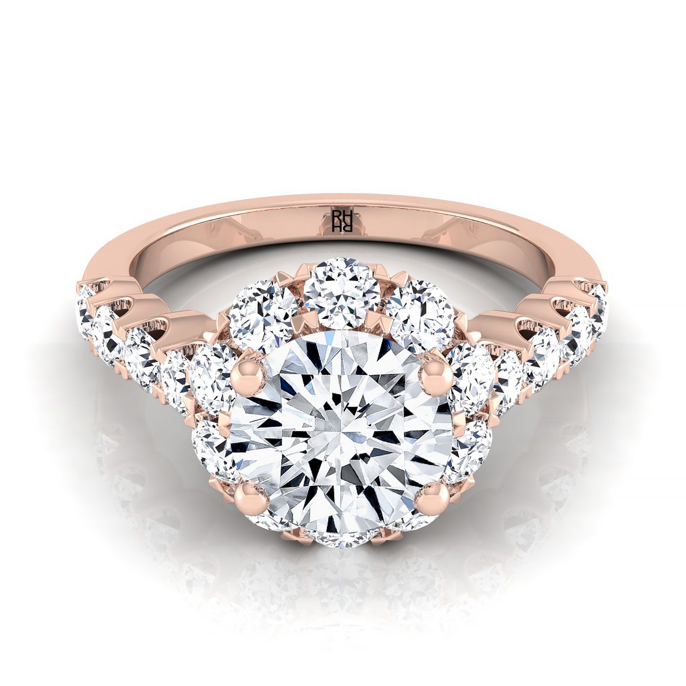 Musetta Select Shared Prong Halo Linear Band Round Lab Diamond Engagement Ring in 14K Rose Gold | RockHer
