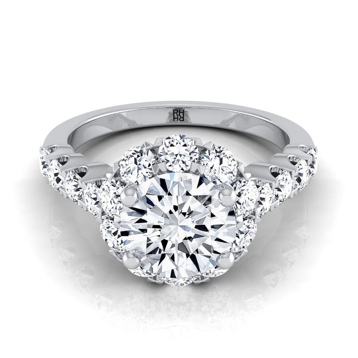 Round Brilliant, Shared Prong Halo Linear Band, in 18K White Gold – view 8 | RockHer