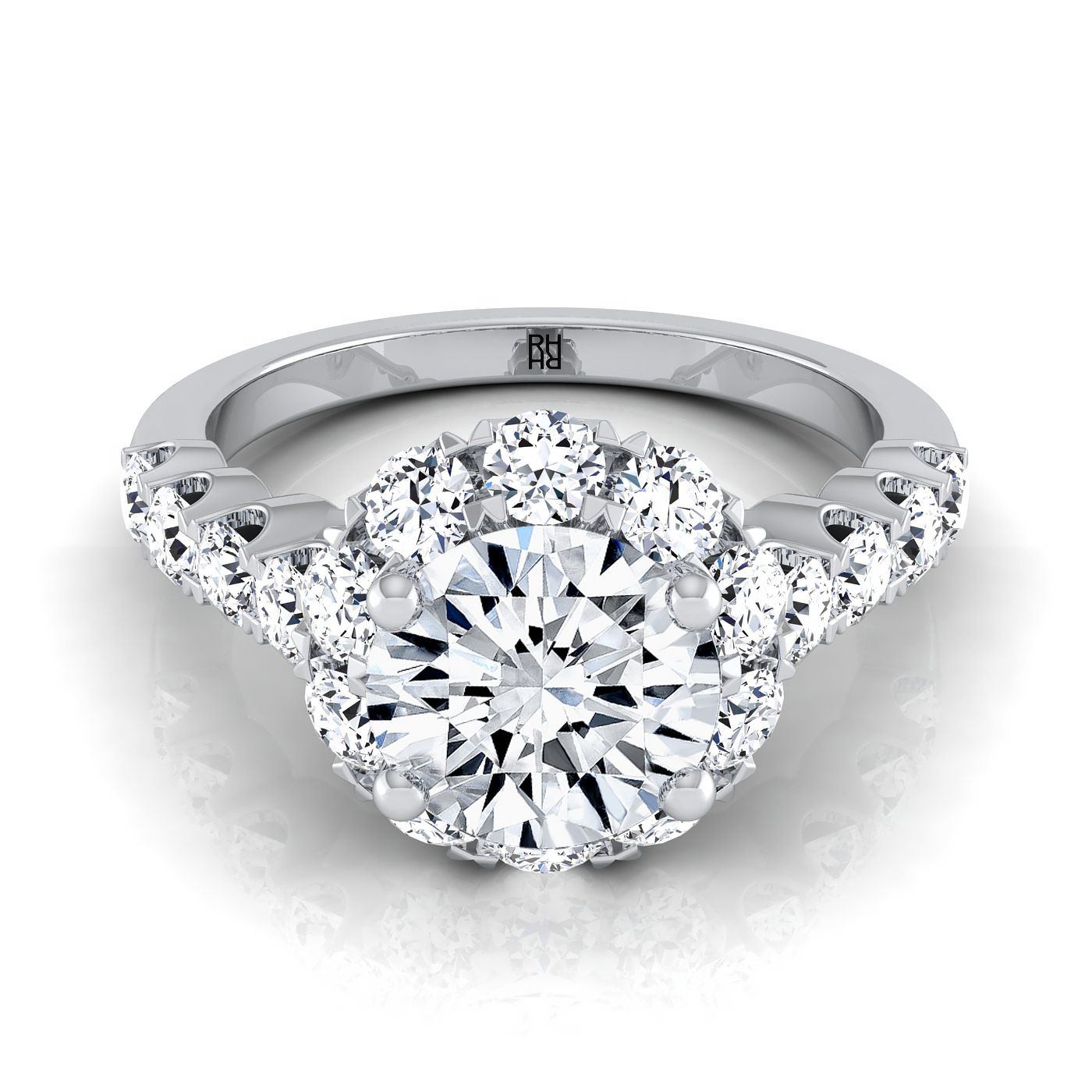 Musetta shared prong halo linear band engagement ring in 18K white gold with round lab diamond — RockHer