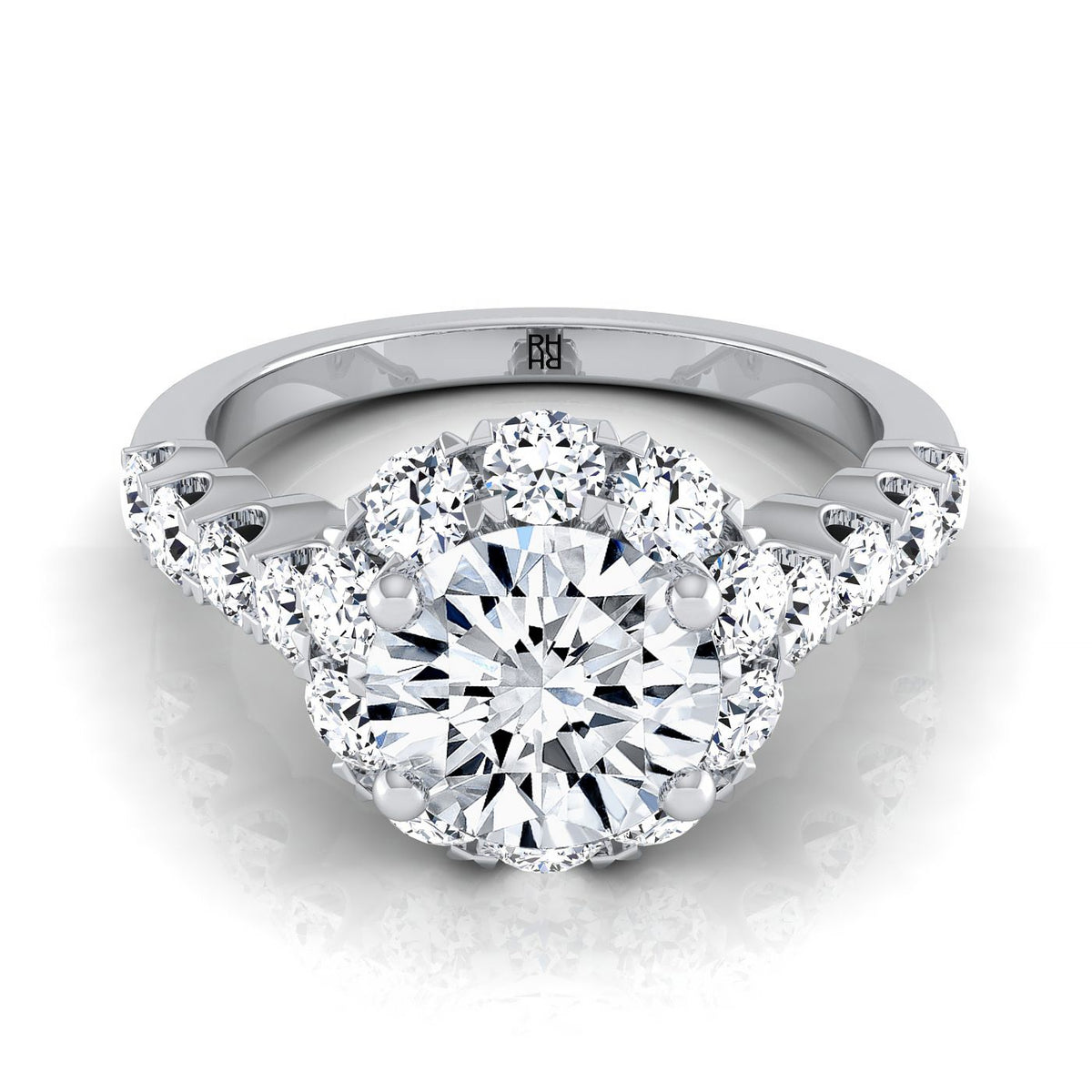 Musetta Select Shared Prong Halo Linear Band Round Lab Diamond Engagement Ring in Platinum | RockHer