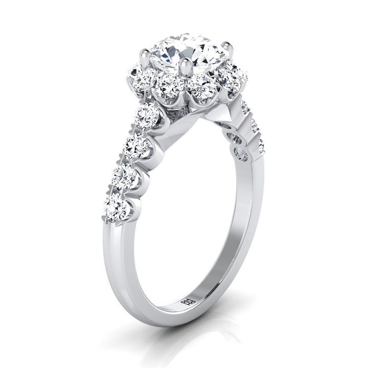 Musetta shared prong halo linear band engagement ring in 18K white gold with round lab diamond — RockHer