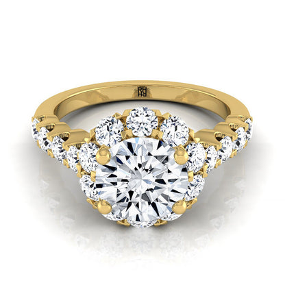 Musetta Select shared prong halo linear band round ring in 14K Yellow Gold — view — RockHer