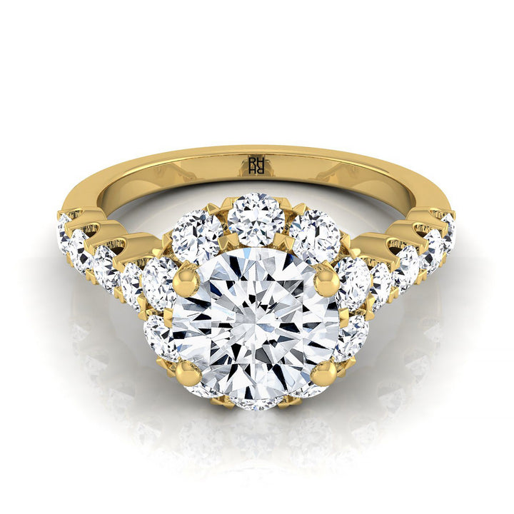 Musetta Select shared prong halo linear band round ring in 14K Yellow Gold — view — RockHer