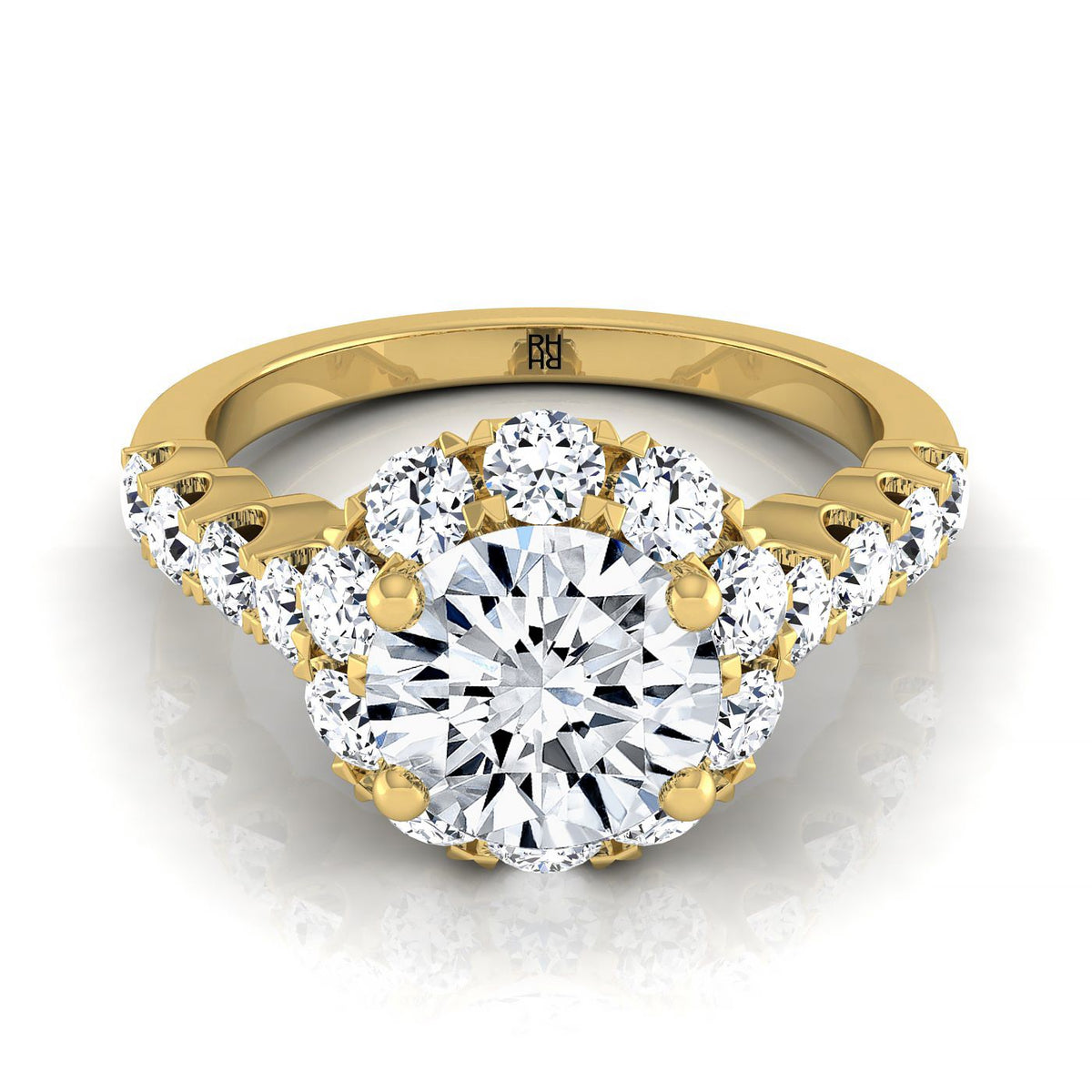 Musetta Select Shared Prong Halo Linear Band Round Lab Diamond Engagement Ring in 18K Yellow Gold | RockHer