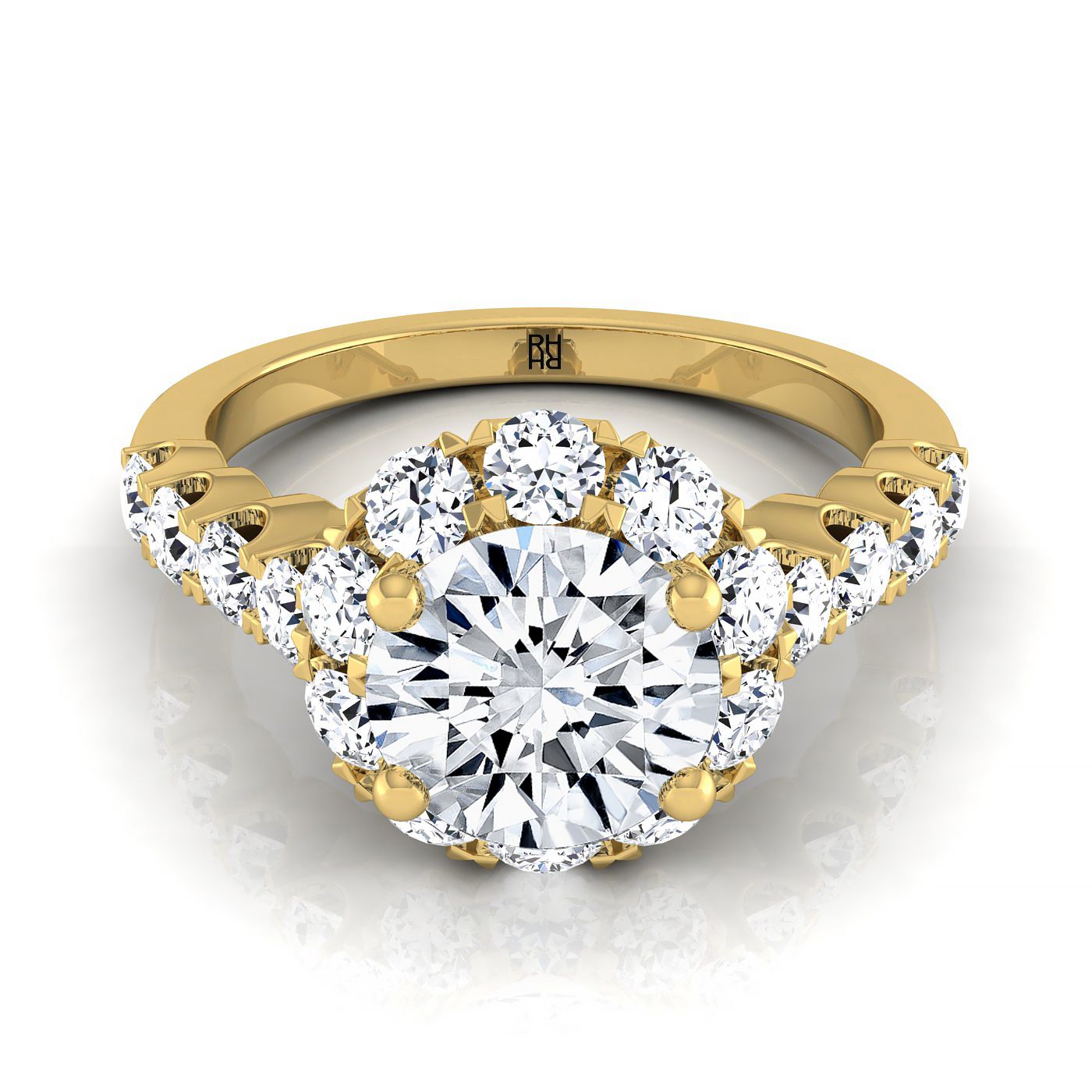 Musetta Select Shared Prong Halo Linear Band Round Lab Diamond Engagement Ring in 18K Yellow Gold | RockHer