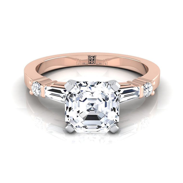 The Diana Select Tapered Baguette Three Stone Asscher Cut Lab Diamond Engagement Ring in 14K Rose Gold