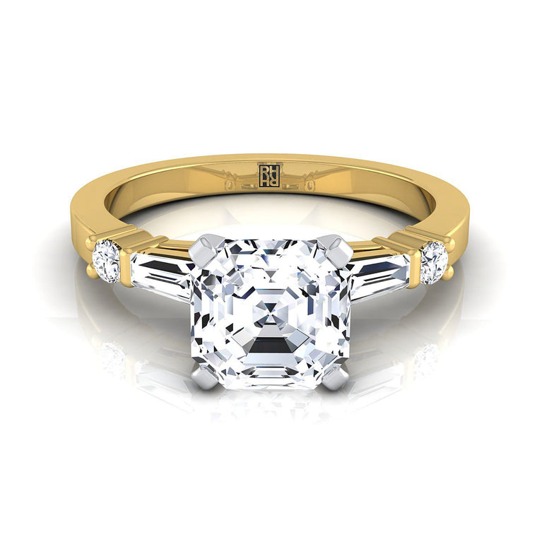 The Diana Select Tapered Baguette Three Stone Asscher Cut Lab Diamond Engagement Ring in 18K Yellow Gold