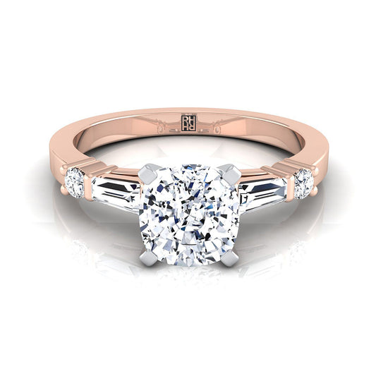 14K Rose Gold Cushion Diamond Simple Baguette and Round Solitaire Engagement Ring -1/4ctw