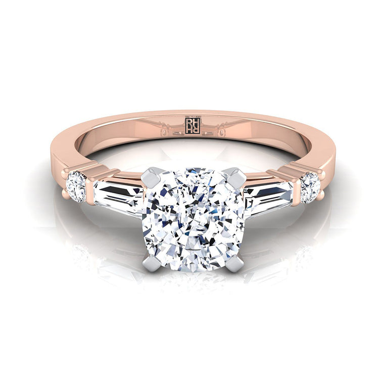 The Diana Tapered Baguette Three Stone Cushion Cut Engagement Ring Setting in 14K Rose Gold