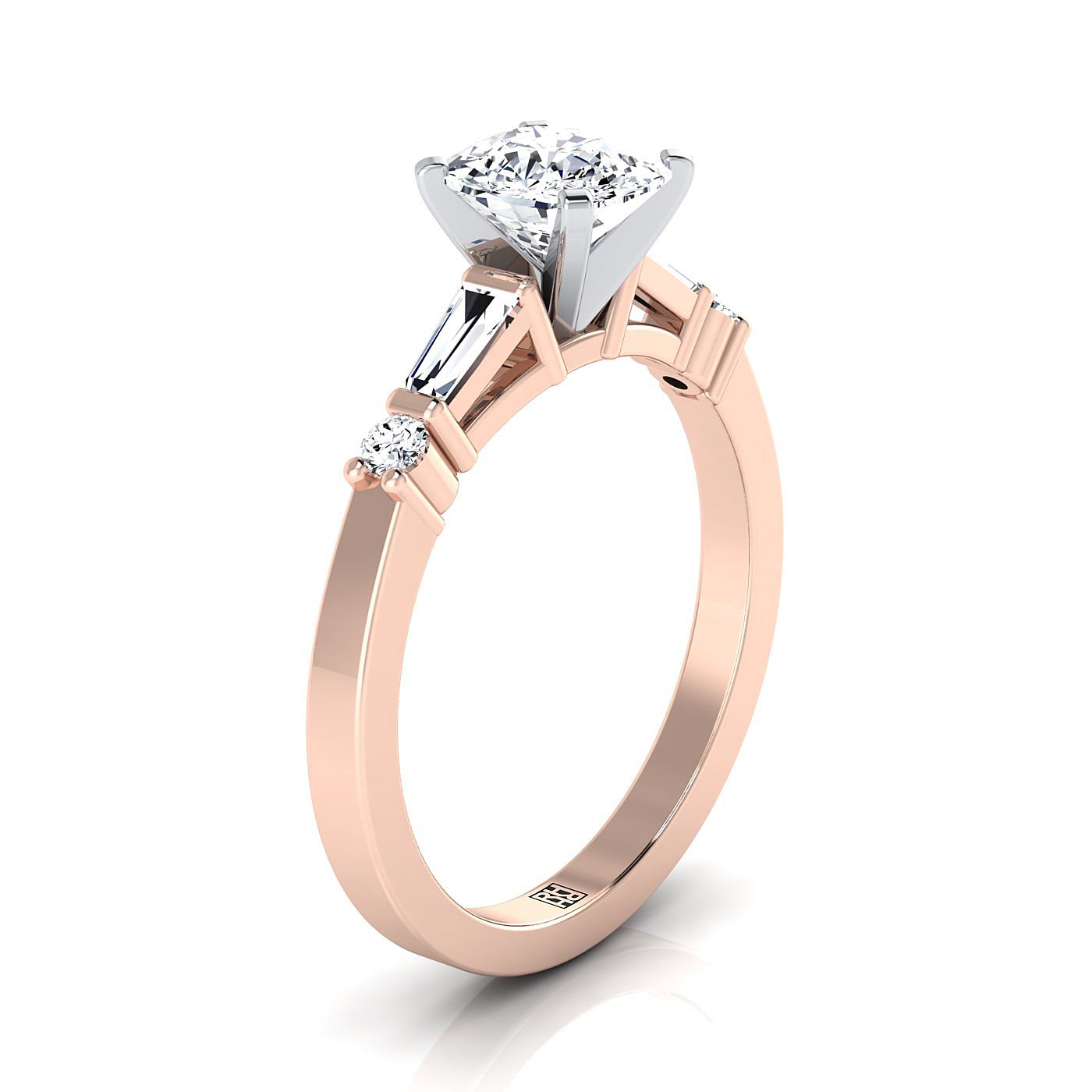 Select Tapered Baguette Three Stone Cut styling on The Diana cushion engagement ring setting | RockHer