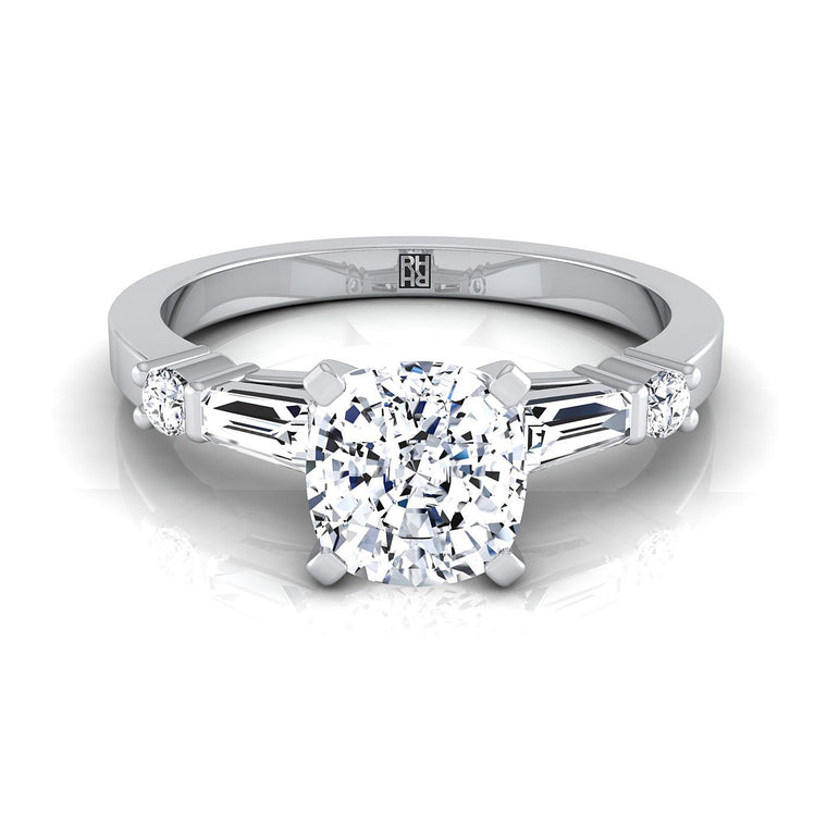 The Diana Select Tapered Baguette Three Stone Cushion Cut Lab Diamond Engagement Ring in 18K White Gold