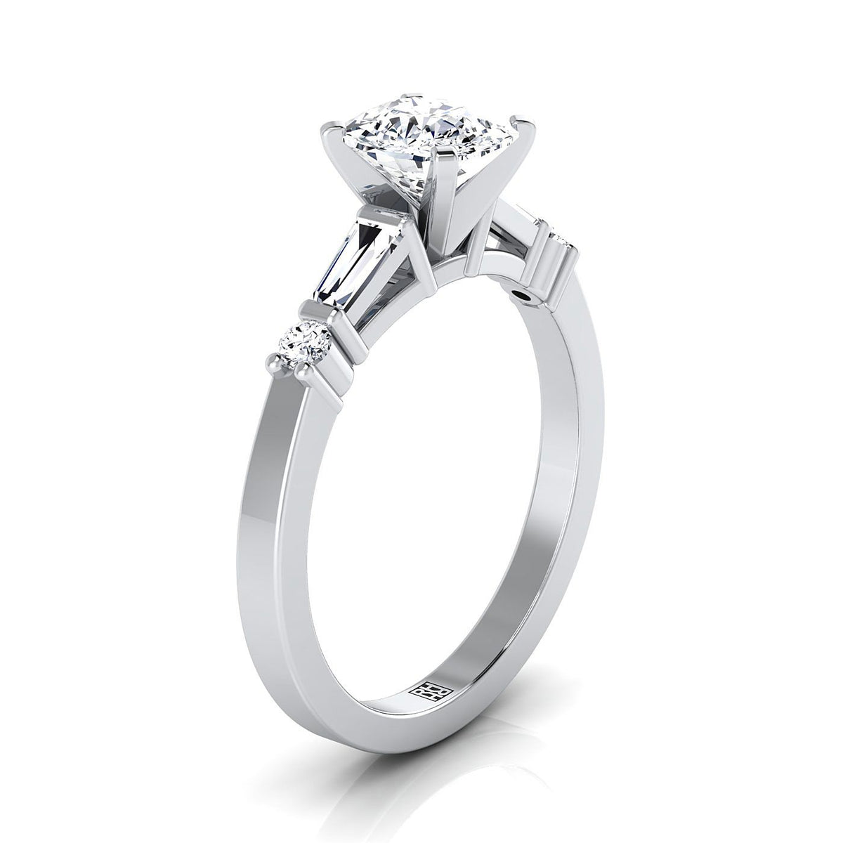 Select Tapered Baguette Three Stone Cut styling on The Diana cushion engagement ring setting | RockHer