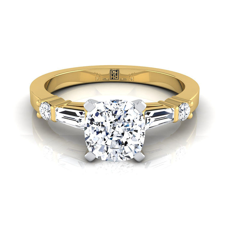 The Diana Tapered Baguette Three Stone Cushion Cut Engagement Ring Setting in 18K Yellow Gold