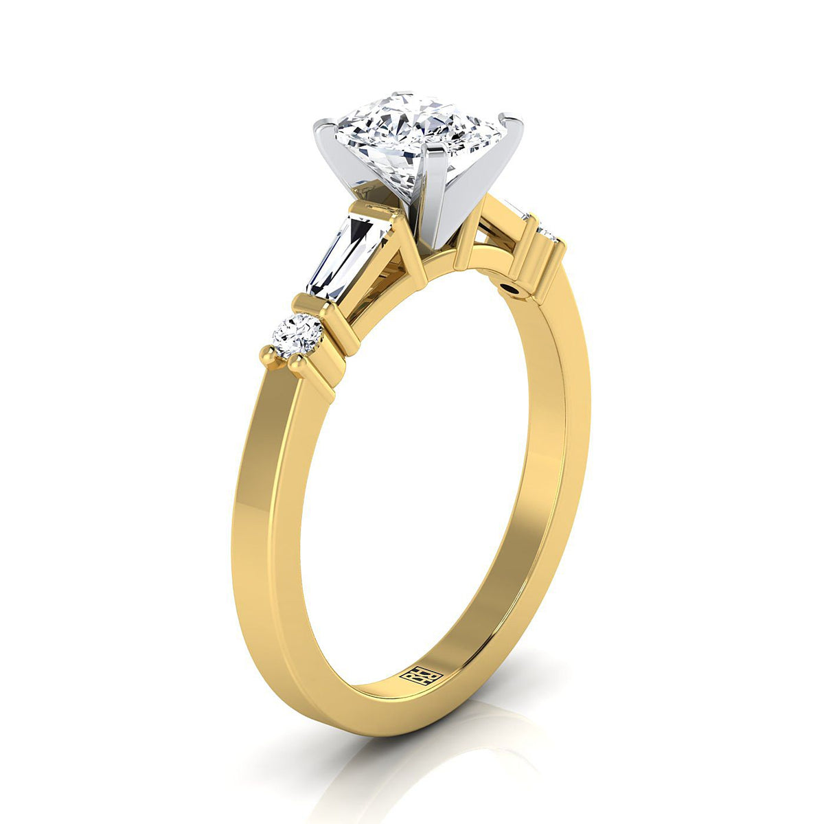 Select Tapered Baguette Three Stone Cut styling on The Diana cushion engagement ring setting | RockHer