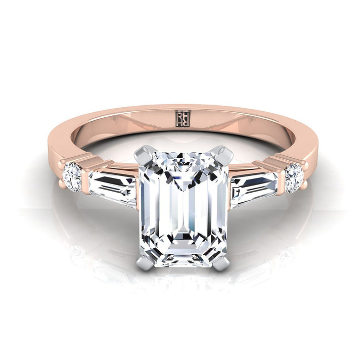 Emerald Cut, Baguette and Round Side Stone Emerald, in 14K Rose Gold, prong setting | RockHer