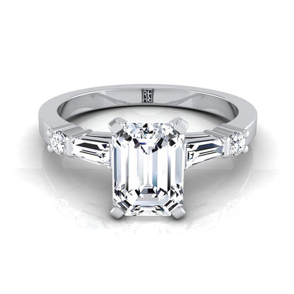 Emerald Cut, Baguette and Round Side Stone Emerald, in 18K White Gold | RockHer