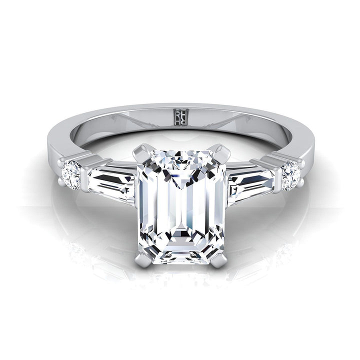 Emerald Cut, Baguette and Round Side Stone Emerald, in Platinum | RockHer