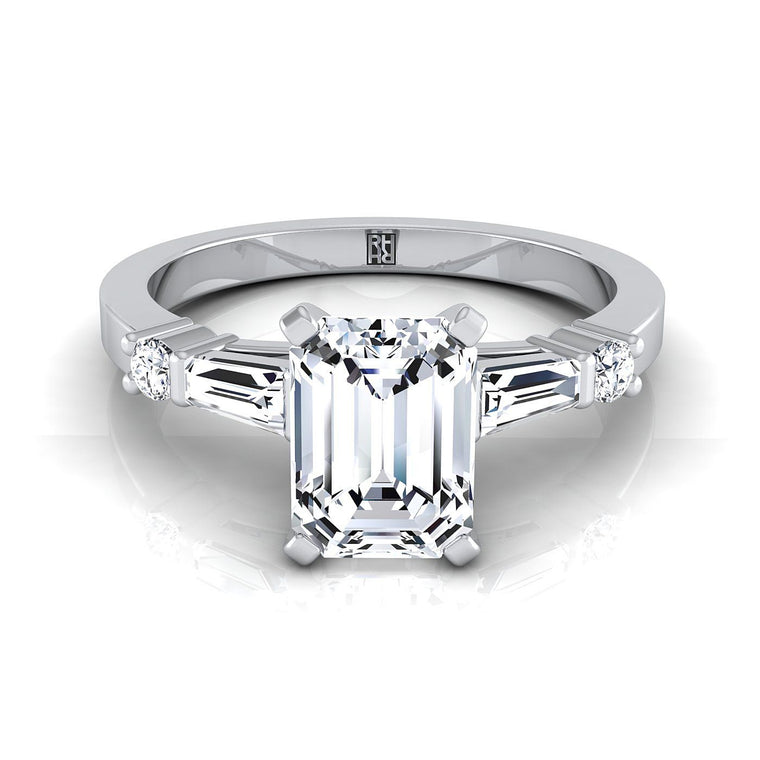 The Diana Tapered Baguette Three Stone Emerald Cut Engagement Ring Setting in Platinum