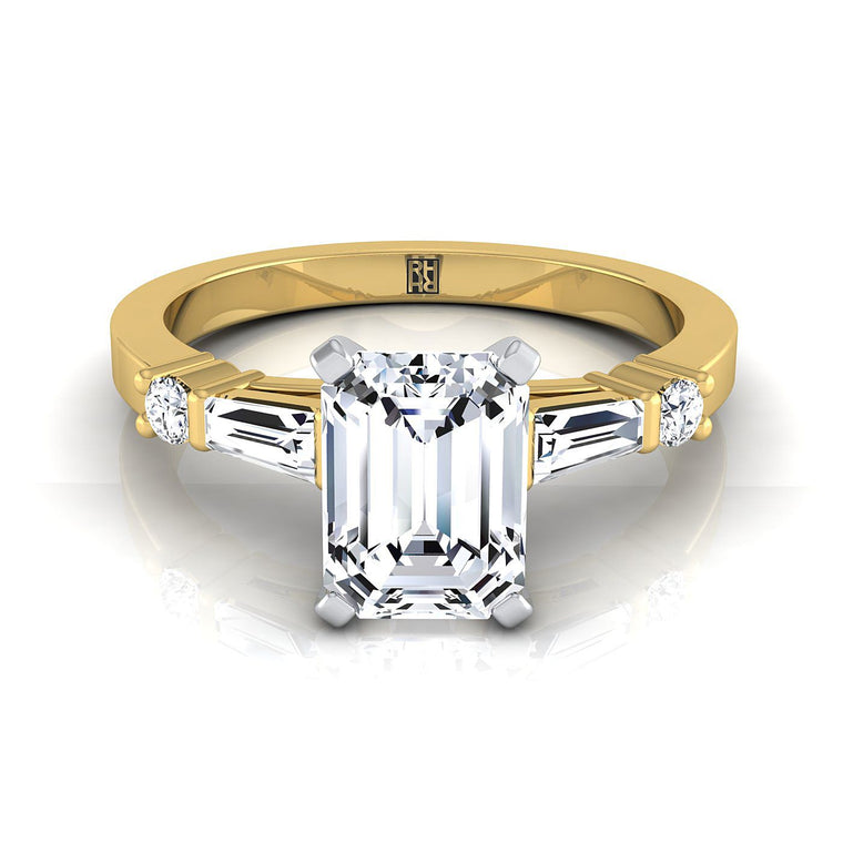 The Diana Tapered Baguette Three Stone Emerald Cut Engagement Ring Setting in 18K Yellow Gold