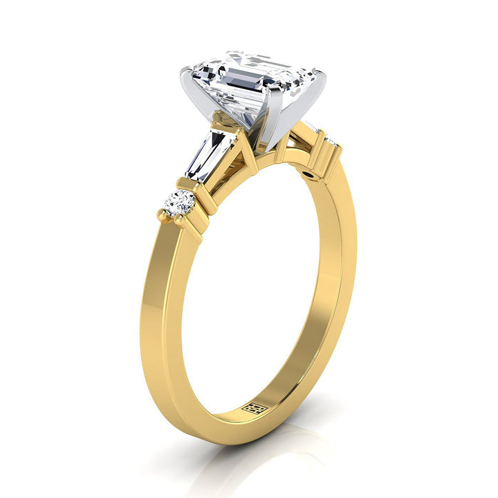 18K Yellow Gold  Diamond Simple Baguette and Round Solitaire Engagement Ring -1/4ctw
