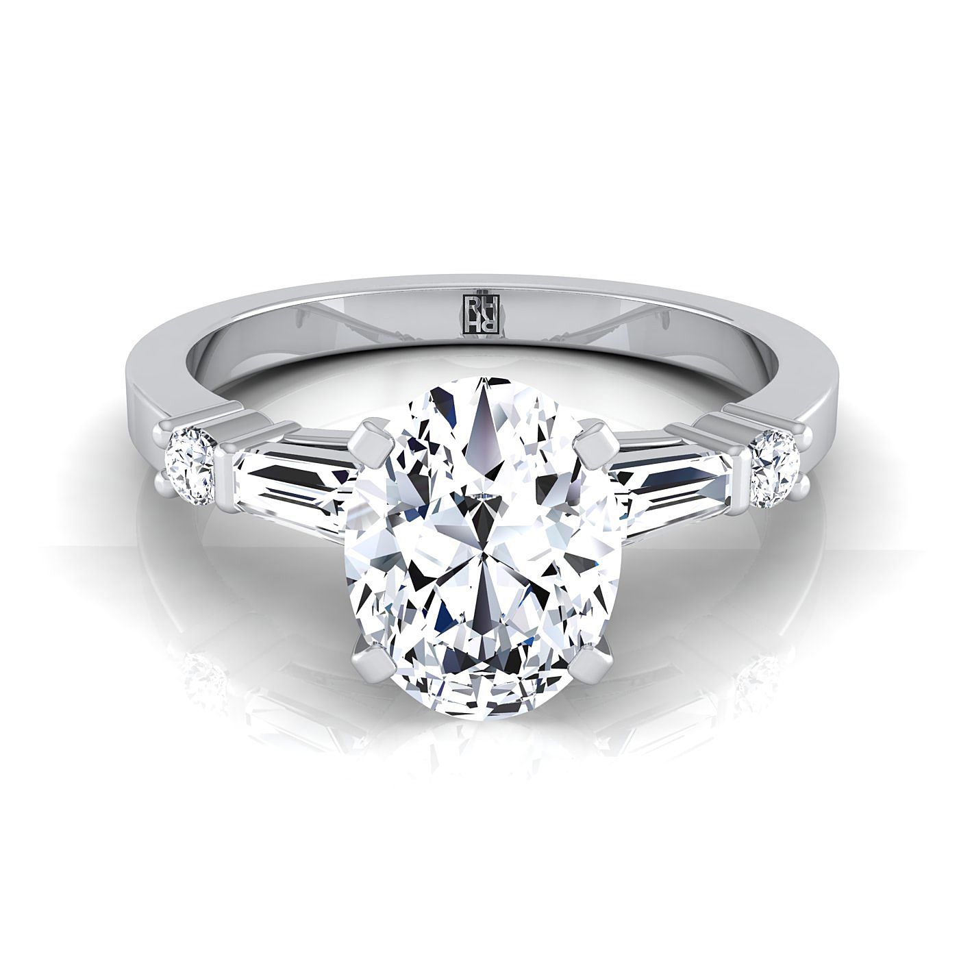 Diana baguette and round side stone engagement ring in platinum with oval lab diamond — RockHer