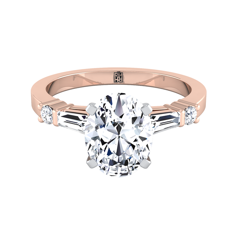 The Diana Tapered Baguette Three Stone Oval Engagement Ring Setting in 14K Rose Gold