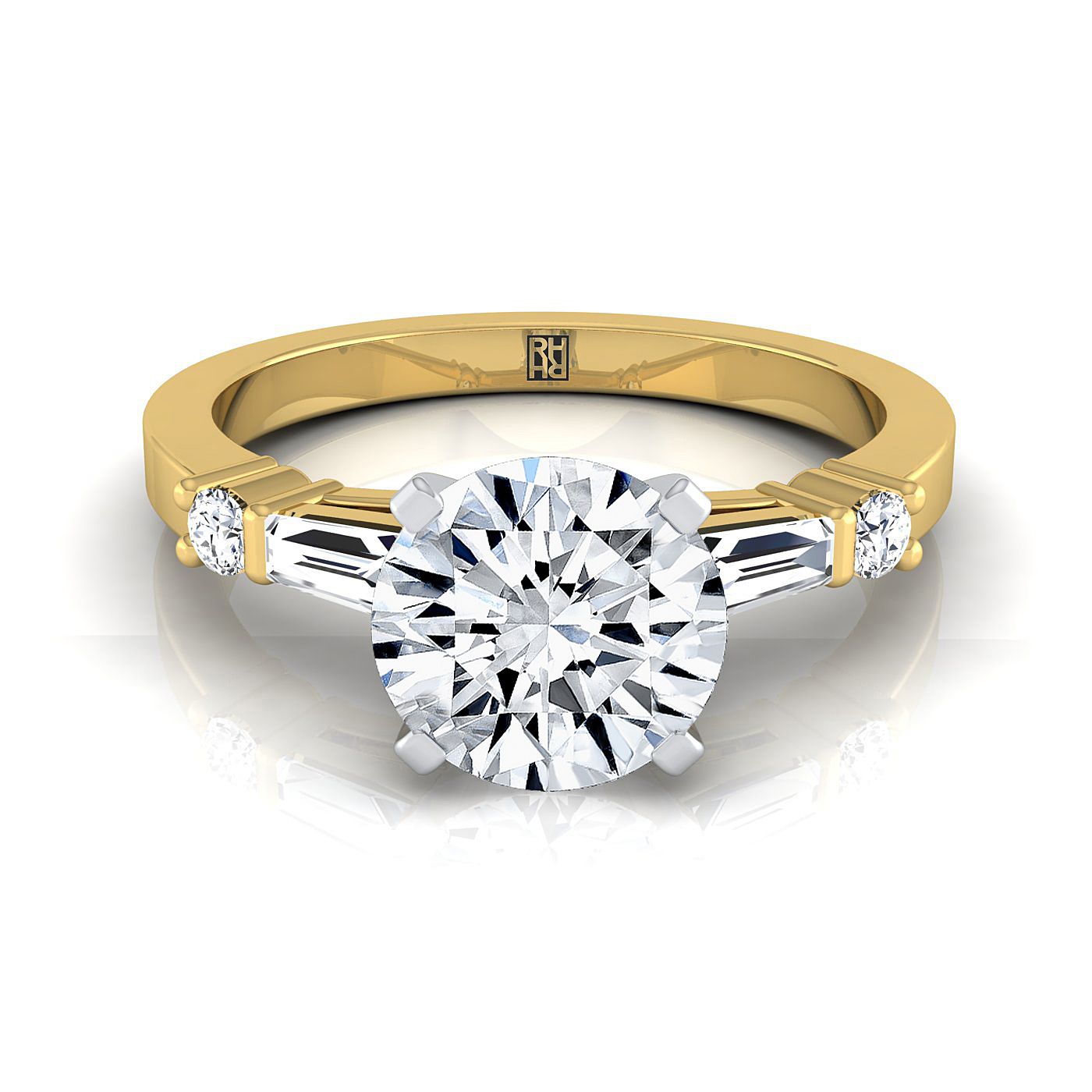18K Yellow Gold Round Brilliant Diamond Simple Baguette and Round