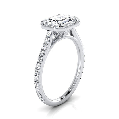 European Cut, East West Horizontal Halo Emerald, in Platinum – side profile | RockHer