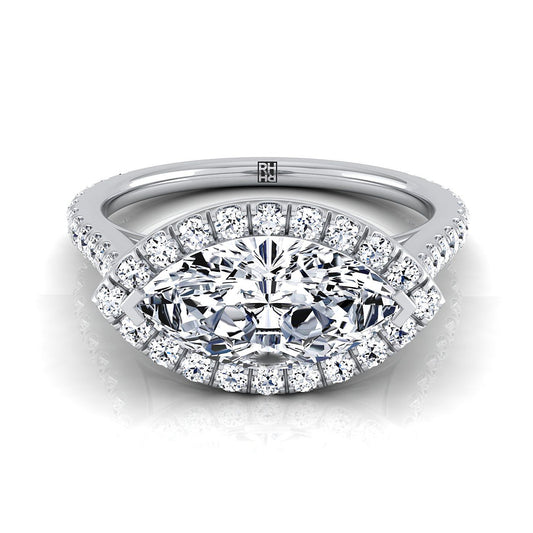 14K White Gold Marquise  Diamond Horizontal Fancy East West Halo Engagement Ring -1/2ctw