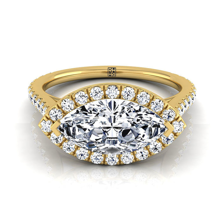 The Christina East West Horizontal Halo Marquise Engagement Ring Setting in 18K Yellow Gold