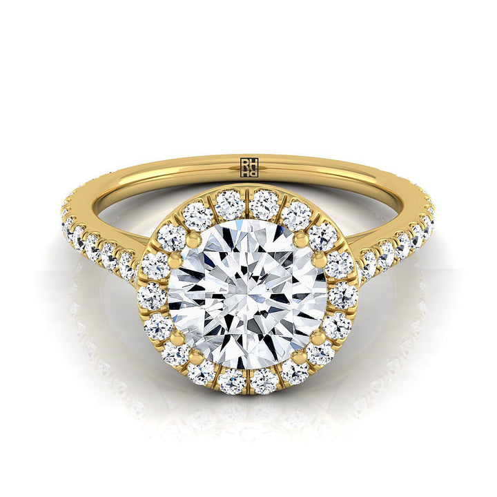 Round Brilliant, East West Horizontal Halo Round, in 18K Yellow Gold | RockHer
