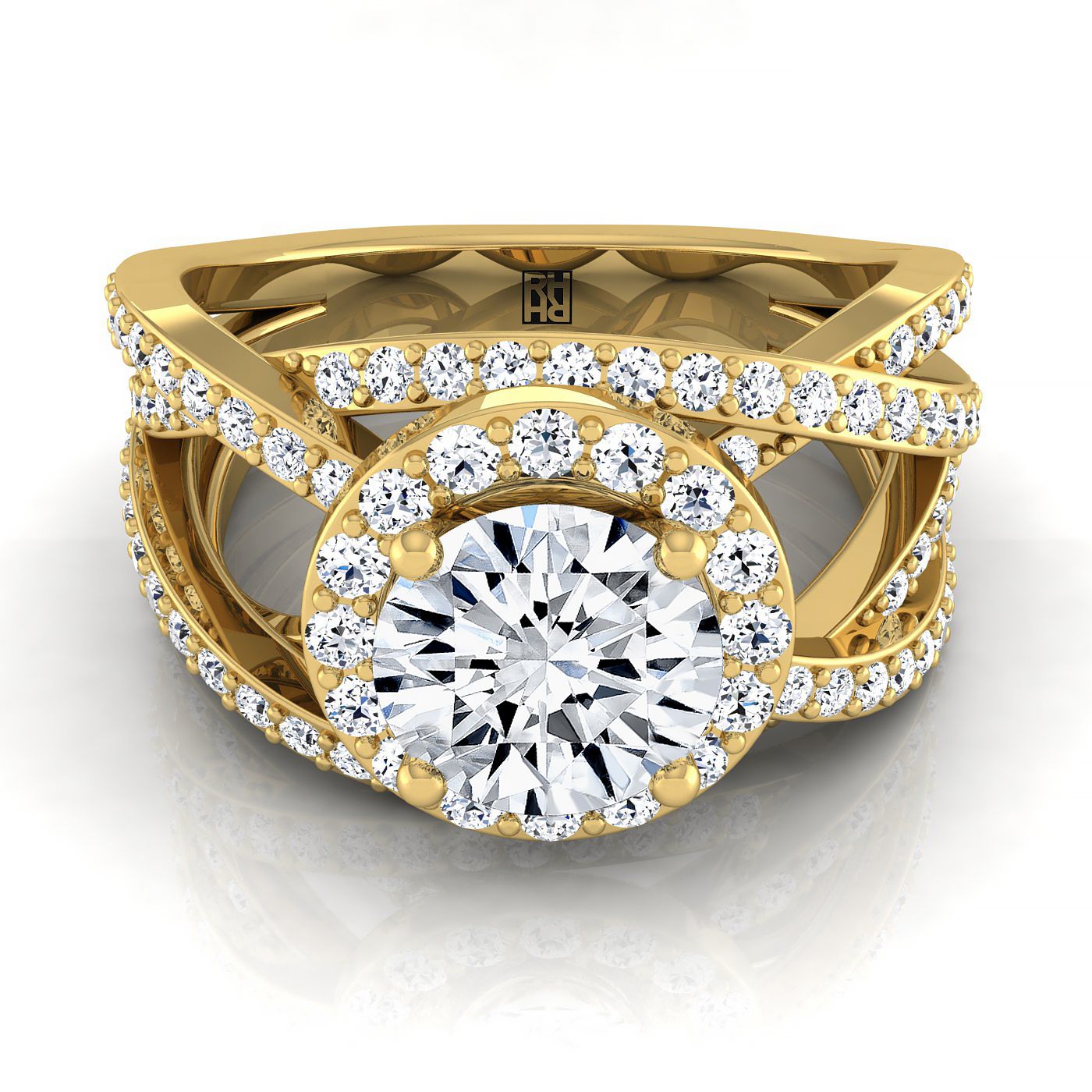 Rosina open intertwined pavé row engagement ring in 18K yellow gold with round lab diamond — RockHer