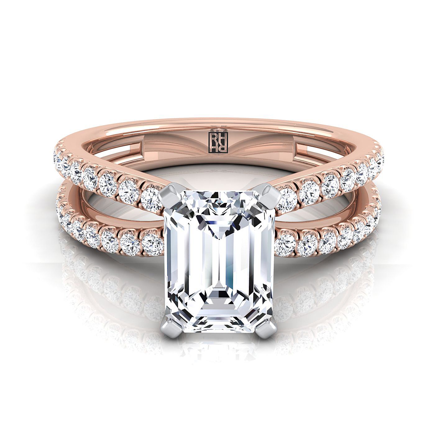 14K Rose Gold Emerald Cut Diamond Two Row Pavé Split Shank