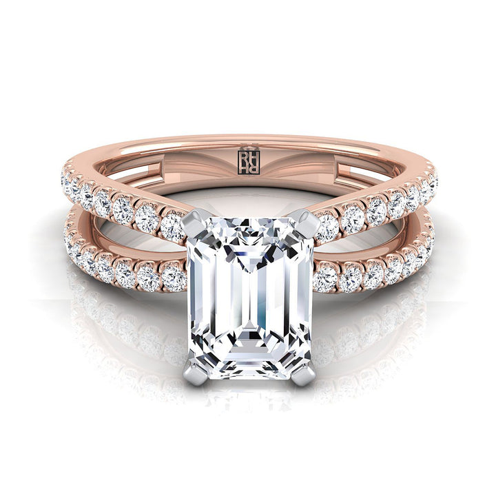 European Cut, Two Row Pavé Split Shank Emerald, in 14K Rose Gold, pave setting | RockHer