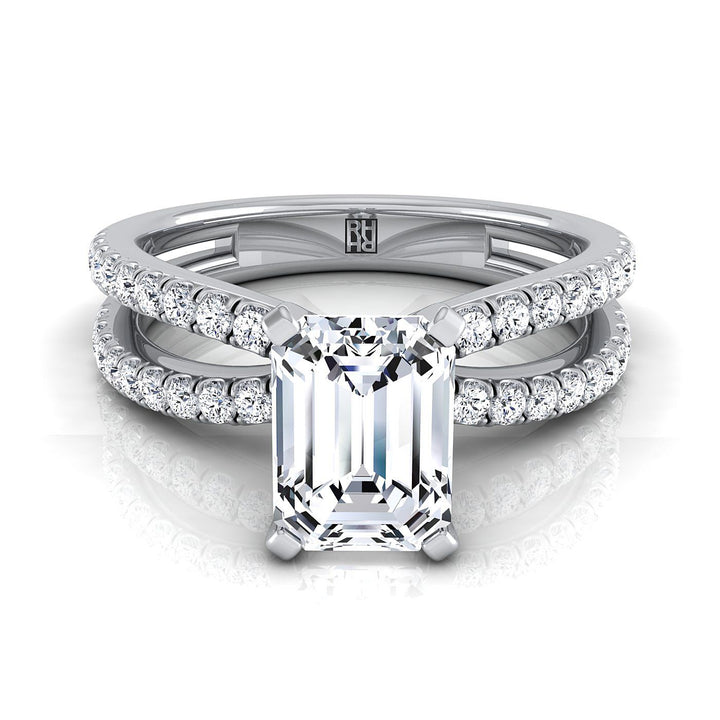 European Cut, Two Row Pavé Split Shank Emerald, in Platinum – view 8 | RockHer