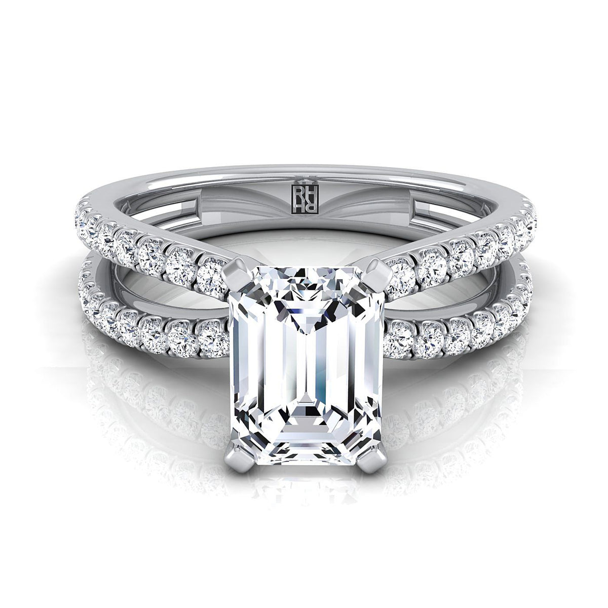 Carole Select Two Row Pavé Split Shank Ec Emerald Cut Lab Diamond Engagement Ring in Platinum | RockHer