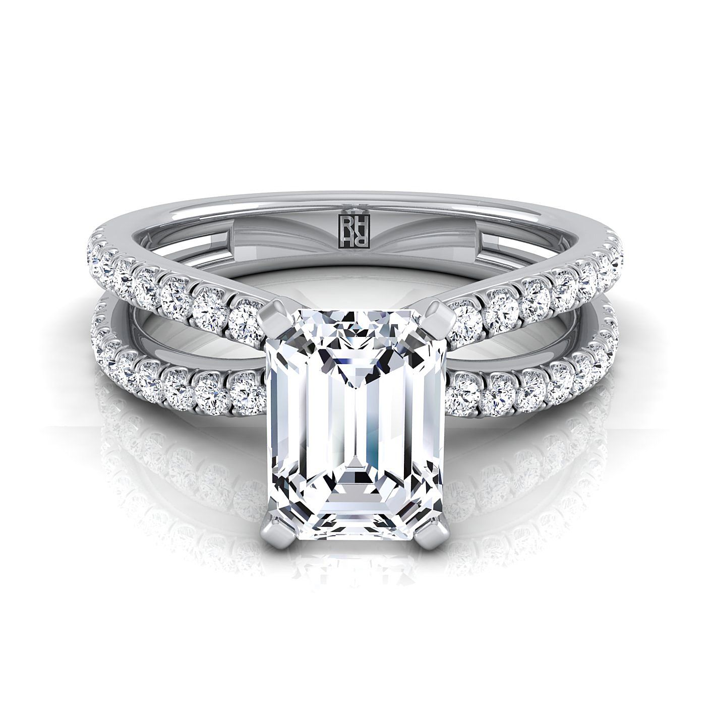 Carole Select Two Row Pavé Split Shank Solitaire Emerald Cut Lab Diamond Engagement Ring in 18K White Gold | RockHer